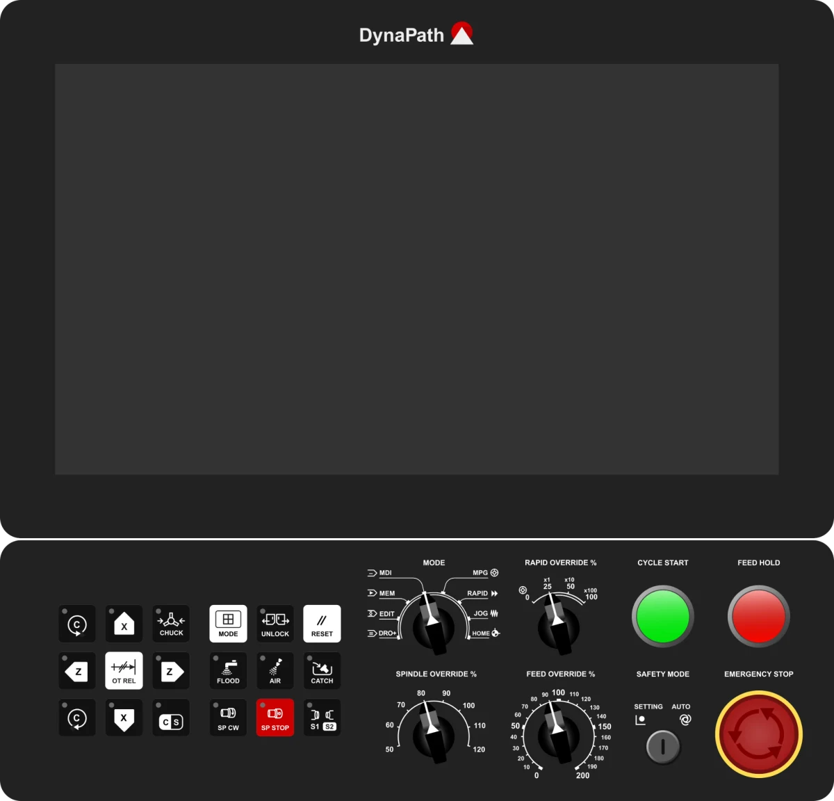DynaPath Fanuc-style lathe control panel with a rotary mode switch, X and Z jog keys, override dials, safety mode key switch, cycle start, feed hold and emergency stop