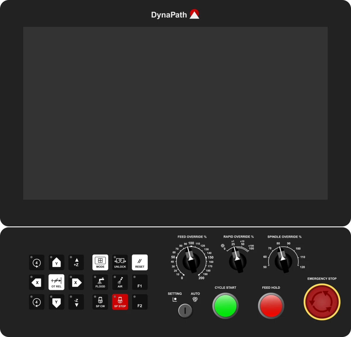 DynaPath mill control panel with X, Y, Z and 4th-axis jog keys, override dials, cycle start, feed hold and emergency stop
